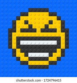 Grinning squinting eyes face with smiling eyes emoji from plastic building bricks blocks toy. Blue background. vector illustration.