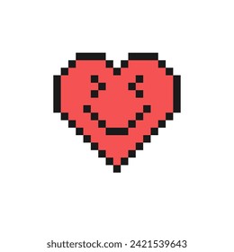 Grinning squinting face emoji. Pixel style heart emoji. Smiling face vector illustration. 90s style heart shaped emoticon. Vintage love emoticons flat design. Pixelated retro game 8 bit design.