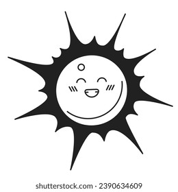 Grinning sun head black and white 2D cartoon character. Happiness toothy smile sunshine isolated vector outline personage. Summer weather. Smiling sunny monochromatic flat spot illustration