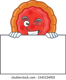Grinning sweet cherry pie dessert cake with board .