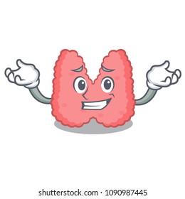 Grinning thyroid character cartoon style