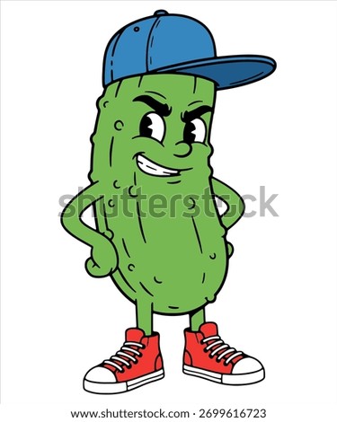 Grinning tough pickle character in baseball cap and sneakers. Perfect vector for streetwear, POD, stickers, food branding, and posters. Print-ready.