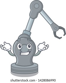 Grinning toy robotic arm machine on cartoon shape