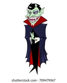 Grinning vampire hand drawn image. Original colorful artwork, comic childish style drawing.