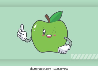 GRINNING WINK, HAPPY, cheerful Face Emotion. Forefinger Hand Gesture. Green Apple Cartoon Mascot Illustration