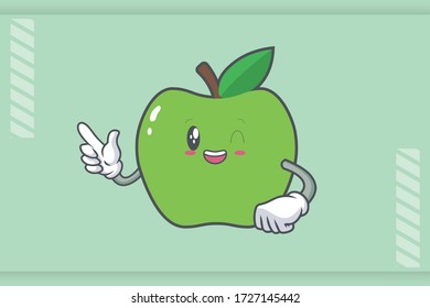 GRINNING WINK, HAPPY, cheerful Face Emotion. Forefinger Hand Gesture. Green Apple Cartoon Mascot Illustration