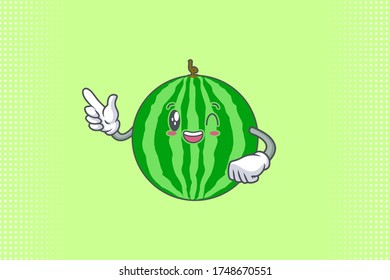 GRINNING WINK, HAPPY, cheerful Face Emotion. Forefinger Hand Gesture. Watermelon Fruit Cartoon Drawing Mascot Illustration.