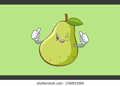 GRINNING WINK, HAPPY, cheerful Face Emotion. Double Thumb Up Hand Gesture. Green Pear Fruit Cartoon Drawing Mascot Illustration.