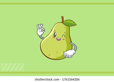 GRINNING WINK, HAPPY, cheerful Face Emotion. OK Nice Hand Gesture. Green Pear Fruit Cartoon Drawing Mascot Illustration.