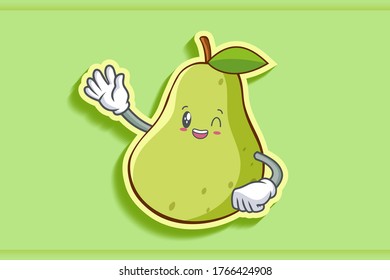 GRINNING WINK, HAPPY, cheerful Face Emotion. Waving Hand Gesture. Green Pear Fruit Cartoon Drawing Mascot Illustration.