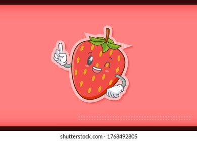 GRINNING WINK, HAPPY, cheerful Face Emotion. Forefinger Hand Gesture. Red Strawberry Fruit Cartoon Drawing Mascot Illustration.