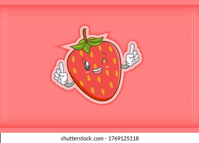 GRINNING WINK, HAPPY, cheerful Face Emotion. Double Forefinger Hand Gesture. Red Strawberry Fruit Cartoon Drawing Mascot Illustration.