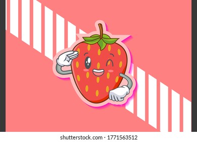 GRINNING WINK, HAPPY, cheerful Face Emotion. Salute Hand Gesture. Red Strawberry Fruit Cartoon Drawing Mascot Illustration.