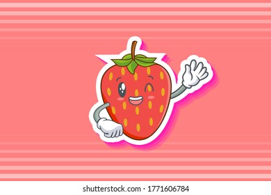 GRINNING WINK, HAPPY, cheerful Face Emotion. Waving Hand Gesture. Red Strawberry Fruit Cartoon Drawing Mascot Illustration.