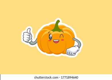 GRINNING WINK, HAPPY, cheerful Face Emotion. Thumb Up Hand Gesture. Yellow, Orange Pumpkin Fruit Cartoon Drawing Mascot Illustration.