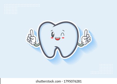 GRINNING WINK, HAPPY, CHEERFUL Face Emotion. Double forefinger Hand Gesture. Tooth Cartoon Drawing Mascot Illustration.