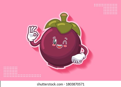 GRINNING WINK, HAPPY, CHEERFUL Face Emotion. Nice Hand Gesture. Mangosteen Fruit Cartoon Drawing Mascot Illustration.