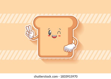 GRINNING WINK, HAPPY, CHEERFUL Face Emotion. Peace hand Gesture. Bread Food Cartoon Drawing Mascot Illustration.