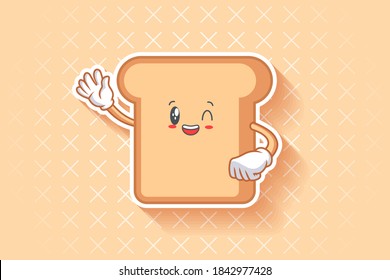 GRINNING WINK, HAPPY, CHEERFUL Face Emotion. Waving Hand Gesture. Bread Food Cartoon Drawing Mascot Illustration.