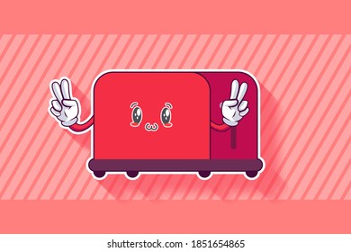 GRINNING WINK, HAPPY, CHEERFUL Face Emotion. Double Peace Finger Hand Gesture. Toaster Cartoon Drawing Mascot Illustration.