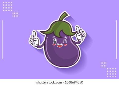 GRINNING WINK, HAPPY, CHEERFUL Face Emotion. Double Forefinger Hand Gesture. Eggplant vegetable Cartoon Drawing Mascot Illustration.