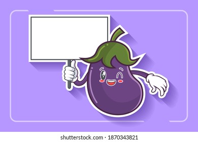 GRINNING WINK, HAPPY, CHEERFUL Face Emotion. Holding Whiteboard Hand Gesture. Eggplant vegetable Cartoon Drawing Mascot Illustration.