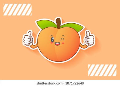 GRINNING WINK, HAPPY, CHEERFUL Face Emotion. Double Thumb Up Finger Hand Gesture. Peach Fruit Cartoon Drawing Mascot Illustration.