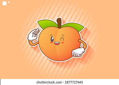 GRINNING WINK, HAPPY, CHEERFUL Face Emotion. Salute, Respect Hand Gesture. Peach Fruit Cartoon Drawing Mascot Illustration.