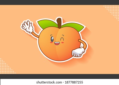GRINNING WINK, HAPPY, CHEERFUL Face Emotion. Waving Hand Gesture. Peach Fruit Cartoon Drawing Mascot Illustration.