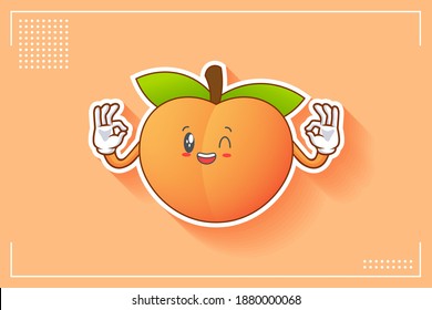 GRINNING WINK, HAPPY, CHEERFUL Face Emotion. Double Nice Hand Gesture. Peach Fruit Cartoon Drawing Mascot Illustration.