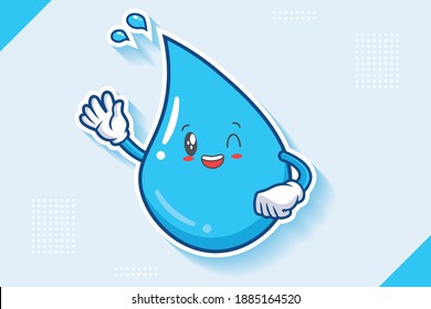 GRINNING WINK, HAPPY, CHEERFUL Face Emotion. Waving Hand Gesture. Water Drop Cartoon Drawing Mascot Illustration.