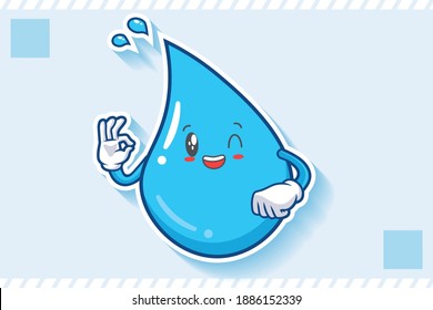 GRINNING WINK, HAPPY, CHEERFUL Face Emotion. Nice Hand Gesture. Water Drop Cartoon Drawing Mascot Illustration.