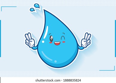 GRINNING WINK, HAPPY, CHEERFUL Face Emotion. Double Peace Hand Gesture. Water Drop Cartoon Drawing Mascot Illustration.
