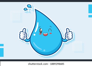 GRINNING WINK, HAPPY, CHEERFUL Face Emotion. Double Thumb Up Hand Gesture. Water Drop Cartoon Drawing Mascot Illustration.