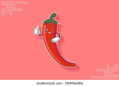 GRINNING WINK, HAPPY, CHEERFUL Face Emotion. Thumb Up Hand Gesture. Chili Vegetable Cartoon Drawing Mascot Illustration.