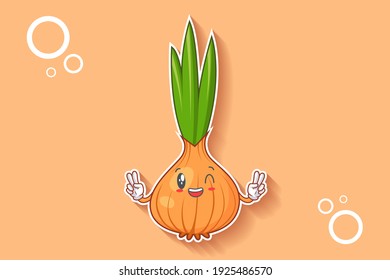 GRINNING WINK, HAPPY, CHEERFUL Face Emotion. Double Peace Finger Hand Gesture. Onion, Garlic Vegetable Character Cartoon Drawing Mascot Illustration.