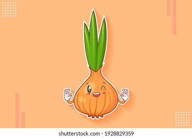 GRINNING WINK, HAPPY, CHEERFUL Face Emotion. Double Nice Finger Hand Gesture. White Onion, Garlic Vegetable Character Cartoon Drawing Mascot Illustration.