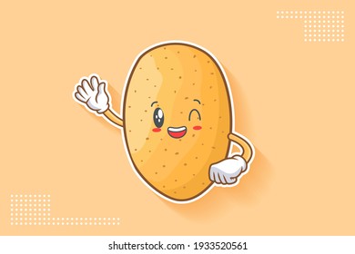 GRINNING WINK, HAPPY, CHEERFUL Face Emotion. Waving Hand Gesture. Potato Vegetable Character Cartoon Drawing Mascot Illustration.