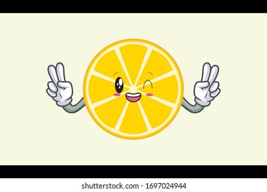 GRINNING WINK, HAPPY Face. Double Peaceful Finger. Mascot Illustration. Slice Lemon Fruit.