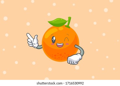 GRINNING WINK, HAPPY Face. Forefinger, pointed at Gesture. Orange Citrus Fruit Cartoon Mascot Illustration.