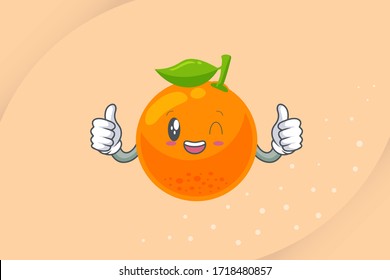 GRINNING WINK, HAPPY Face. Ok, Excellent, Double Thumb Up Gesture. Orange Citrus Fruit Cartoon Mascot Illustration.