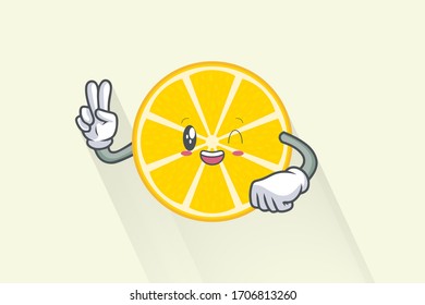 GRINNING WINK, HAPPY Face. Peace Finger Gesture. Mascot Illustration. Slice Lemon Fruit Cartoon.