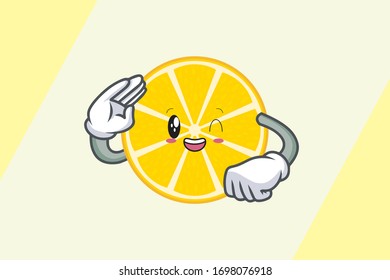 GRINNING WINK, HAPPY Face. Respect Hand Gesture. Mascot Cartoon Illustration. Slice Lemon Fruit