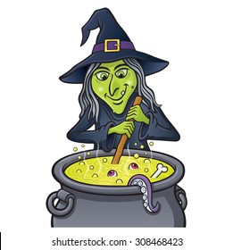 Grinning Witch Stirring Bubbling Cauldron