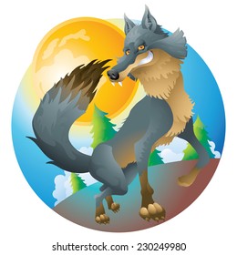 Grinning wolf  posing at the moon cartoon illustration