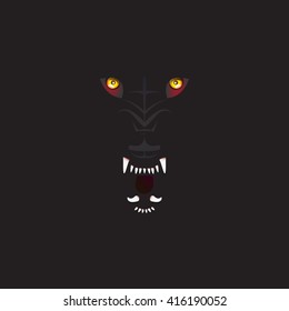 Grinning wolf. Vector illustration. Angry wolf head. Vector image of Wolf in abstract art style. Wolf coming out of darkness.