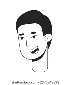 Grinning young man with buzz cut hair black and white 2D line cartoon character head. Caucasian teenage boy cheerful isolated vector outline person face. Excited monochromatic flat spot illustration