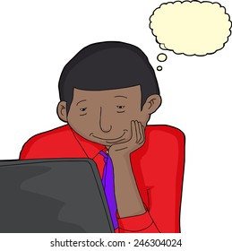 Grinning young man with laptop and thought bubble