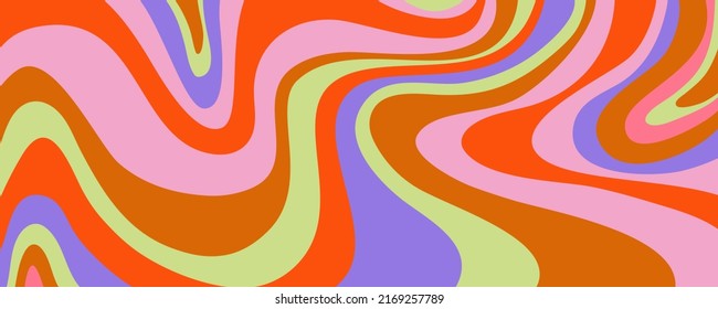 Grioovy psychedelic wave background for banner design. Retro 60s 70s psychedelic pattern. Modern wave retro abstract design. Rainbow 60s, 70s, hippie vector