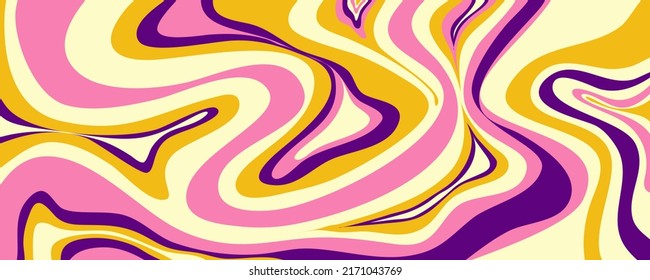 Grioovy psychedelic wave background for banner design. Retro 60s 70s psychedelic pattern. Modern wave retro abstract design. Rainbow 60s, 70s, hippie vector.